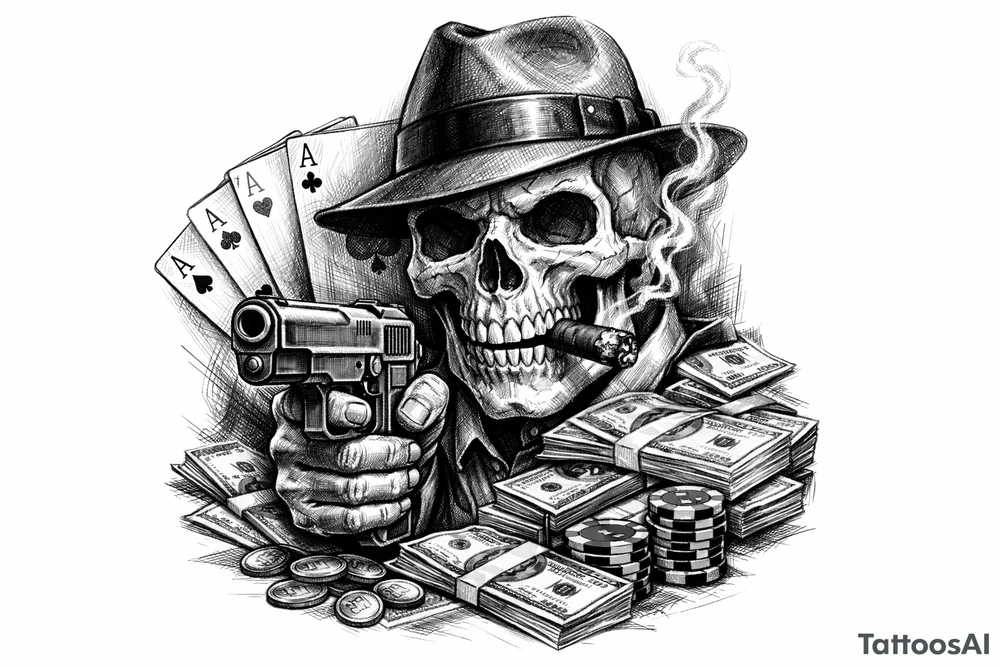 skull with gangster-hat,cigar in his mouth,gun in a hand,playing cards,a lot of money. tattoo idea