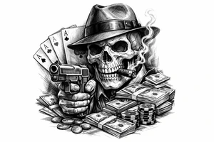 skull with gangster-hat,cigar in his mouth,gun in a hand,playing cards,a lot of money. tattoo idea