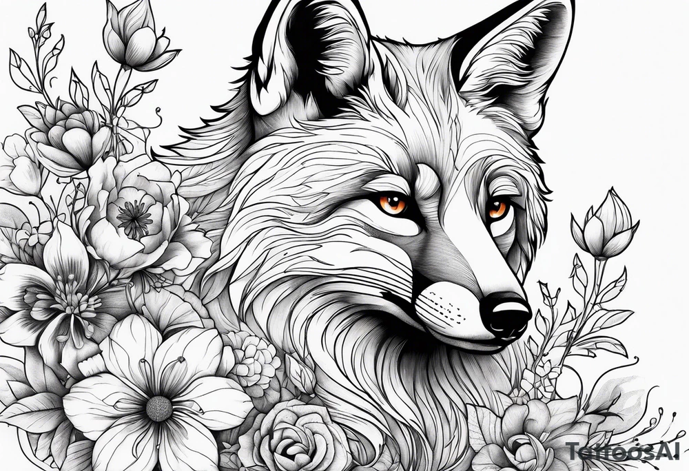 flowers with fox full body thin line tattoo idea