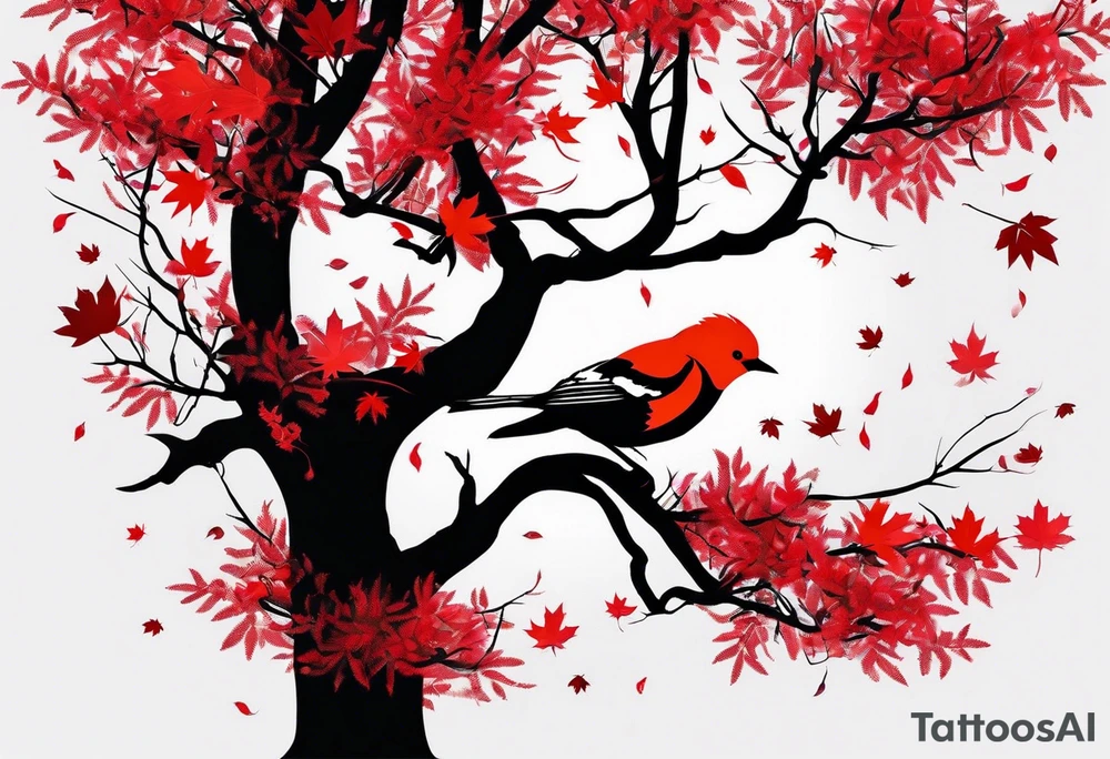trash polka style. Arm tattoo. chest tattoo. Long tattoo. large tattoo. Full sleeve. Shoulder. A single large maple tree with red autumn leaves that branches upwards from wrist to shoulder. White-throated dipper bird on the trees branches. Calluna flowers at the base of the trees stem. Leaves falling. tattoo idea