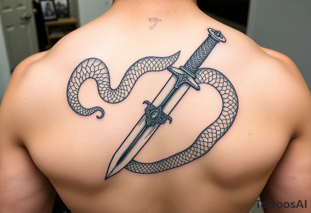 mystical snake coiled around an ancient dagger with jeweled hilt tattoo idea