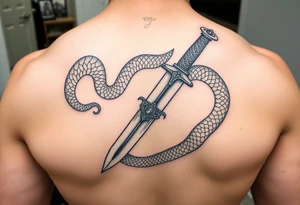 mystical snake coiled around an ancient dagger with jeweled hilt tattoo idea