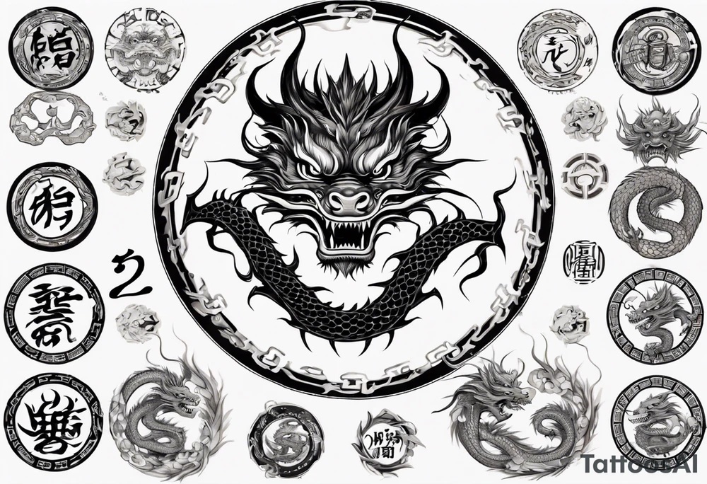 Chinese dragon in a circular shape with "02.03" written on its skin tattoo idea