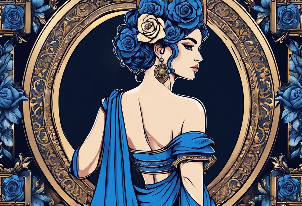 ancient rome clothes ,women,,ancient scale in one hand, blue rose frames, justicia ,keeps  scale tattoo idea