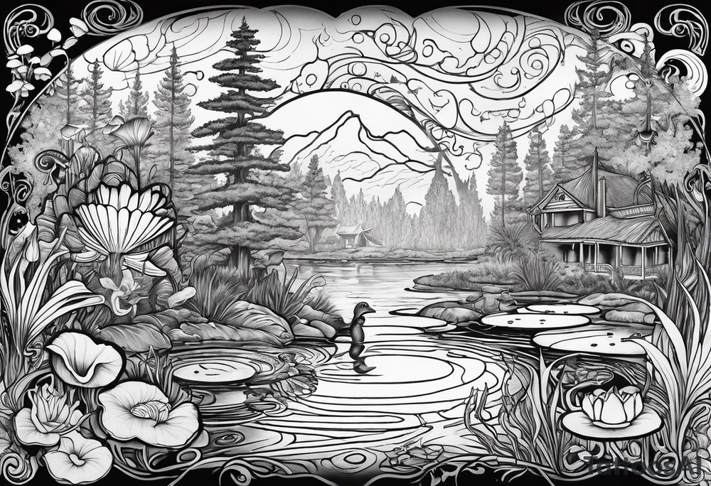 A bayou that has cypress trees, mushrooms, lily pads, frogs, and bugs with a mermaid in the background that is singing music. tattoo idea