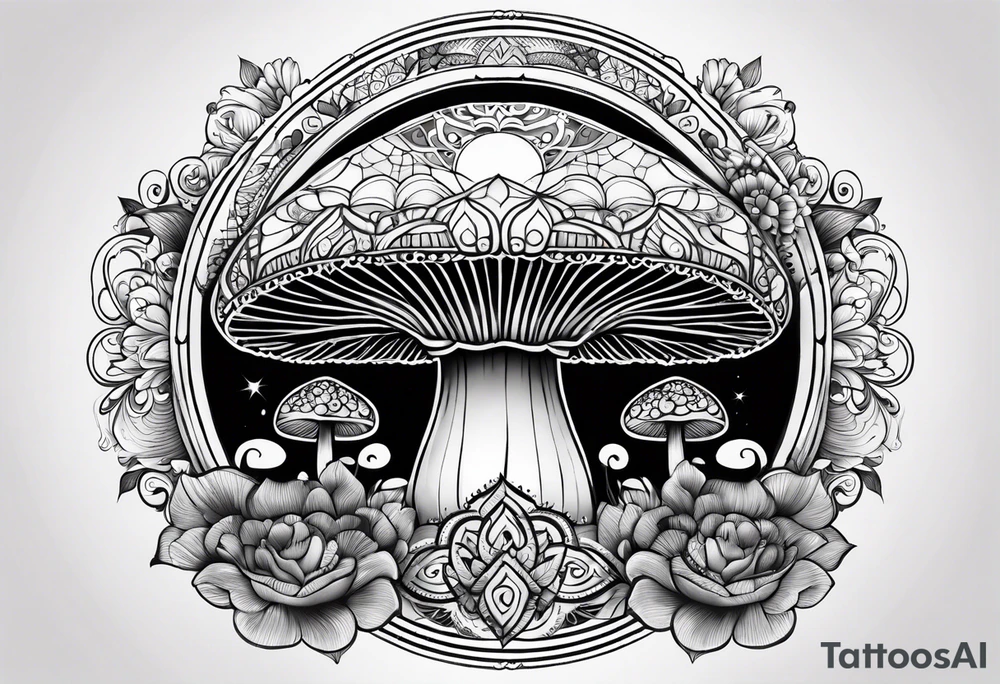 Black mushroom tattoo with henna style mandala crescent moon design surrounding it tattoo idea
