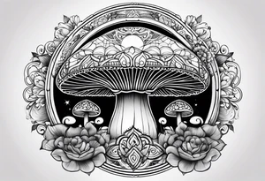 Black mushroom tattoo with henna style mandala crescent moon design surrounding it tattoo idea