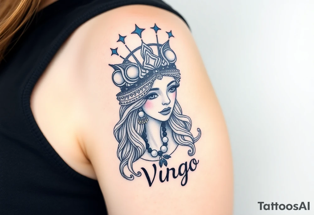 A regal Virgo queen with an intricate celestial headdress, adorned with silver moons, deep blue stars, and delicate pearls and the word virgo tattoo idea