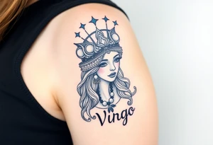 A regal Virgo queen with an intricate celestial headdress, adorned with silver moons, deep blue stars, and delicate pearls and the word virgo tattoo idea