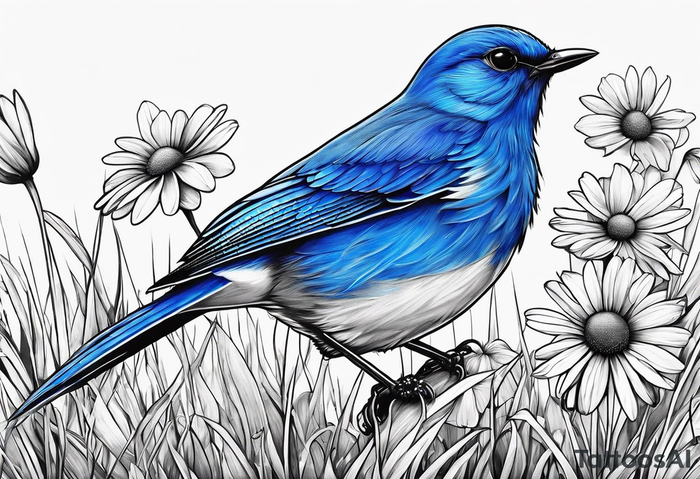 Blue bird perched in grass with a daisy tattoo idea
