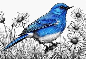Blue bird perched in grass with a daisy tattoo idea