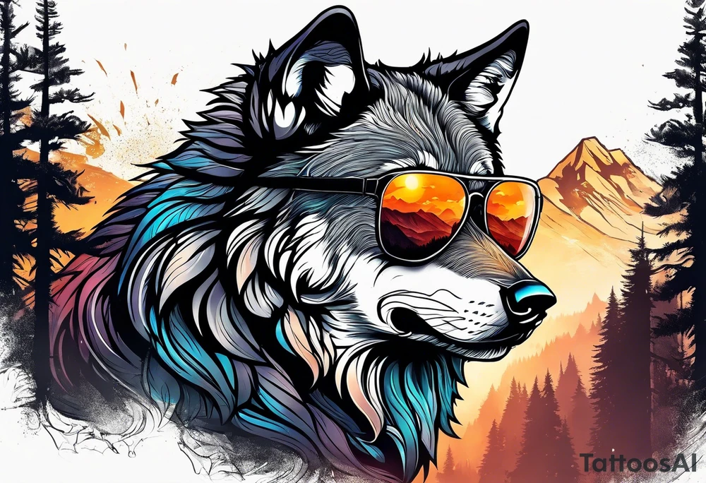 Badass wolf wearing sunglasses
Dark woods
Mountains
Sunset tattoo idea