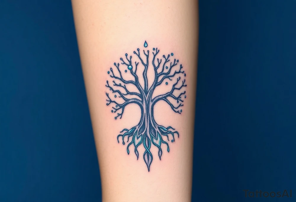mystical tree of life with cosmic roots and celestial branches tattoo idea