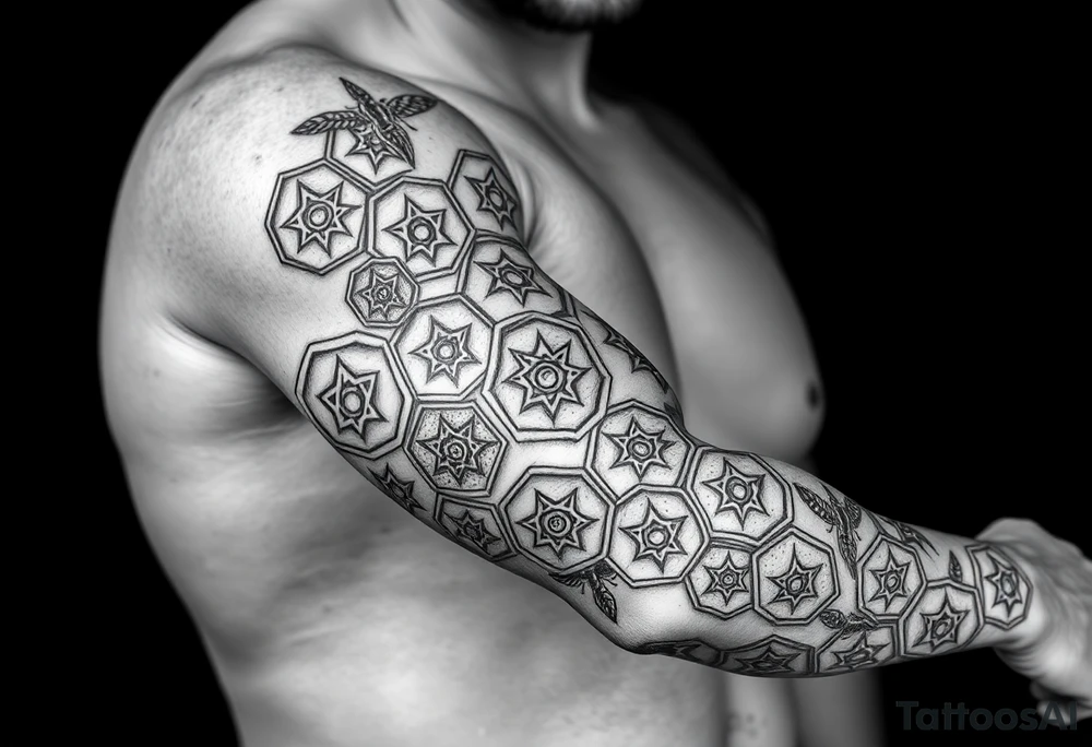 Good karma symbols inside honey combs repeated tattoo idea