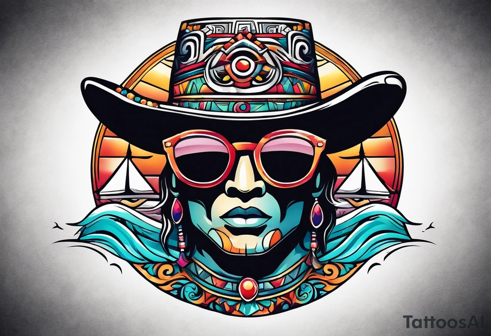 Colorful Mayan hieroglyph wearing sunglasses with waves and bats tattoo idea