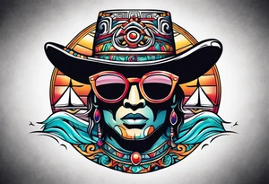 Colorful Mayan hieroglyph wearing sunglasses with waves and bats tattoo idea