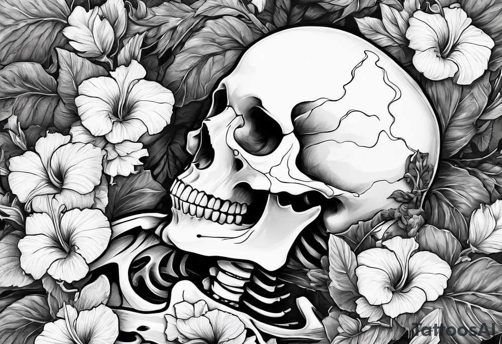 a  female skeleton of bones laying in a bed surrounded by hibiscus flower. tattoo idea