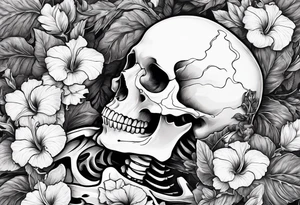 a  female skeleton of bones laying in a bed surrounded by hibiscus flower. tattoo idea