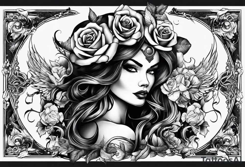 Beautiful devil lady, guns and roses intertwined tattoo idea