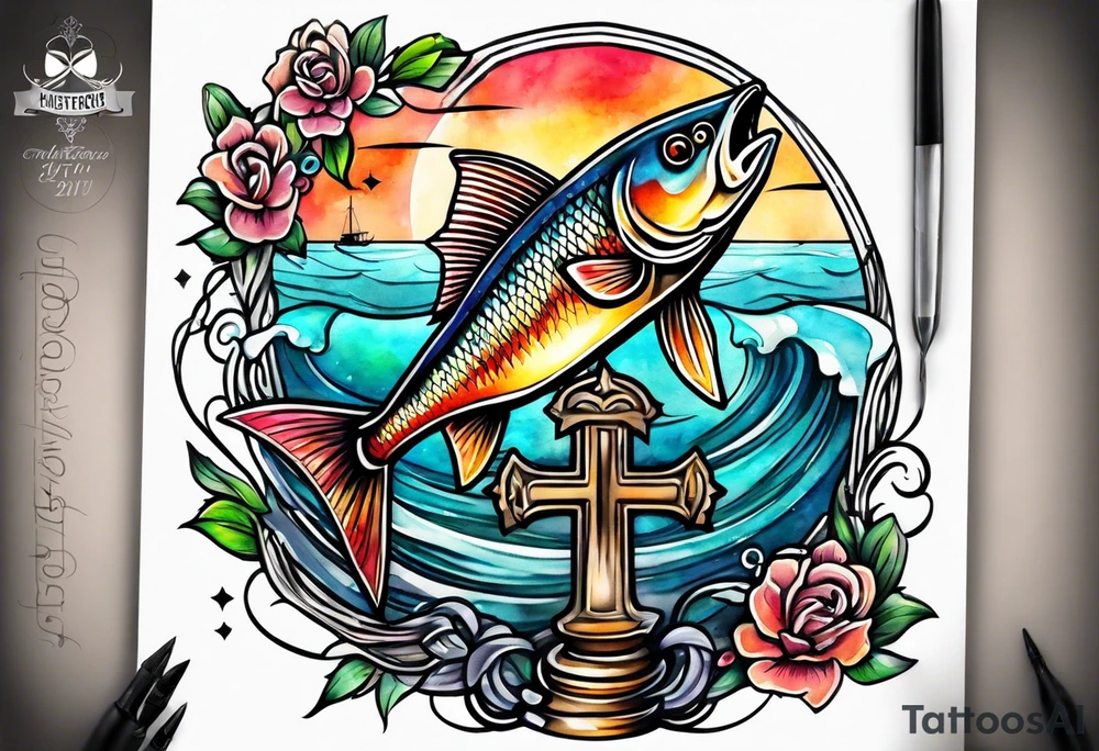 fishing hook cross with watercolor background tattoo idea