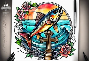 fishing hook cross with watercolor background tattoo idea
