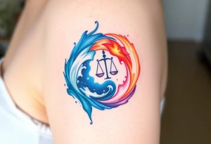 A stylized yin-yang symbol made of swirling water and fire, with a delicate balance scale in the center, representing karmic opposition. tattoo idea