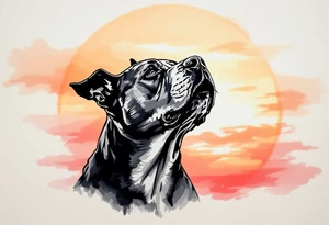 Pitbull howling in front of a sunset, silhouette-style with black fur outlines, warm orange, red, and pink sky blending in the background for a serene yet powerful effect. tattoo idea