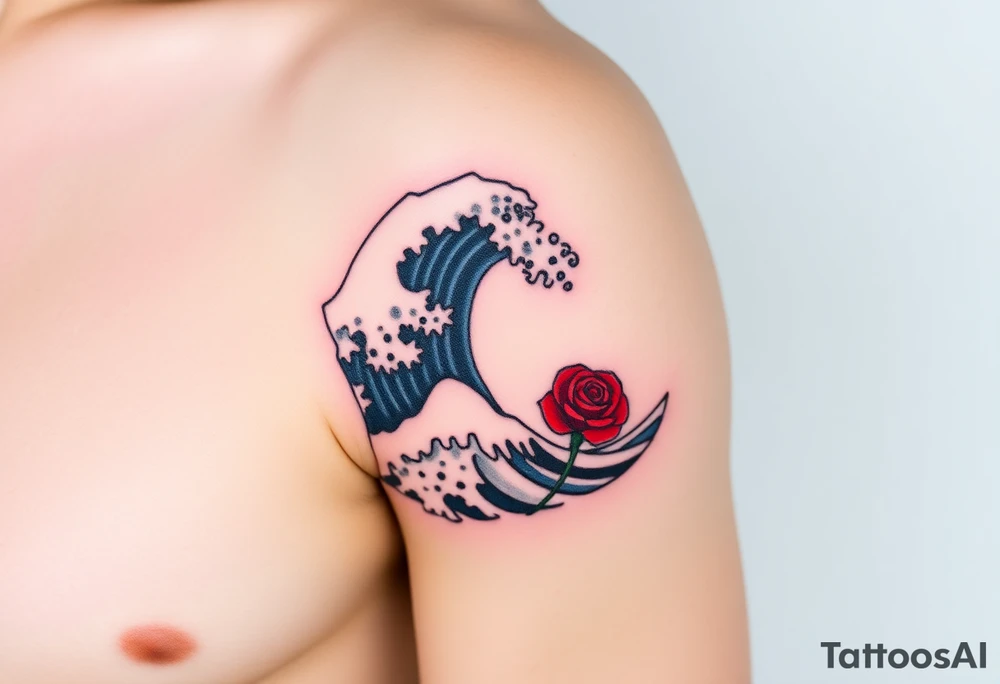 The Great Wave off Kanagawa With a red rose with a stem on the side of the wave tattoo idea