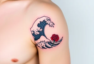 The Great Wave off Kanagawa With a red rose with a stem on the side of the wave tattoo idea