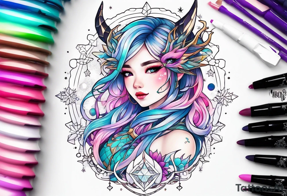 Constellation, kawaii dragon girl , snowflake tattoo idea
