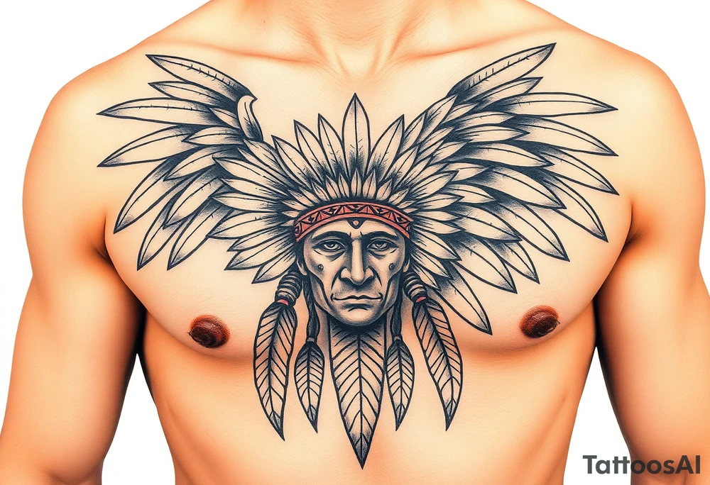 Native American chest in full color male left peck tattoo idea