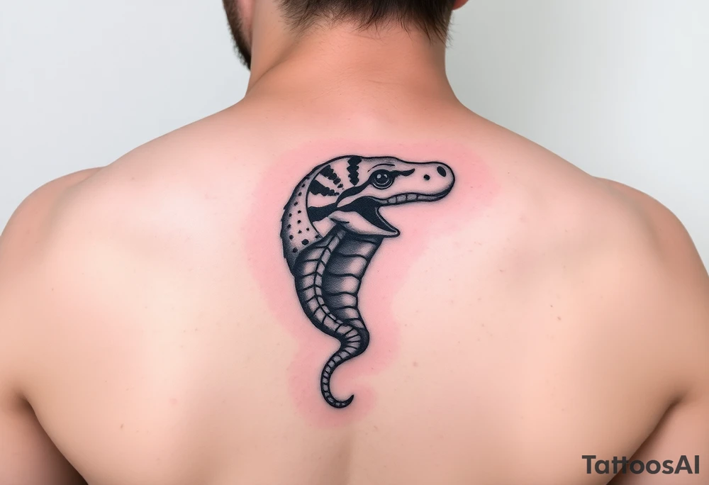 A tattoo of a boa’s head with a dartboard on the back of the head located on the inner forearm tattoo idea