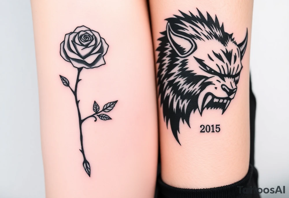 Matching/ connecting tattoos:
Your Tattoo (Beauty): A delicate but dark-looking rose, perhaps with thorns wrapped around it in a fine-line, illustrative style. Hidden among the petals or thorns could be the initials 'J' and 'T' intertwined.
His Tattoo (Beast): The head of a menacing but sad-looking beast, done in a stylized, hard-core black and gray. The tattoo could be a half-face or include jagged lines. Hidden in the negative space of the beast's ear or horns could be your date.
Connecting Element: The rose's stem could be broken, with the last petal falling towards his tattoo. You could place the tattoos on facing wrists or ankles for a permanent connection. tattoo idea