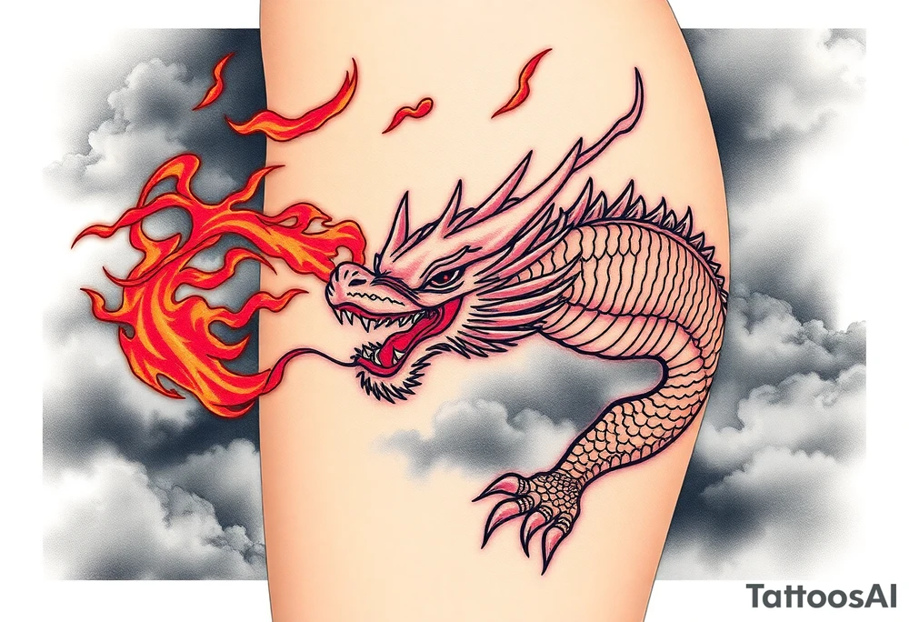 fierce dragon breathing iridescent fire against stormy skies tattoo idea