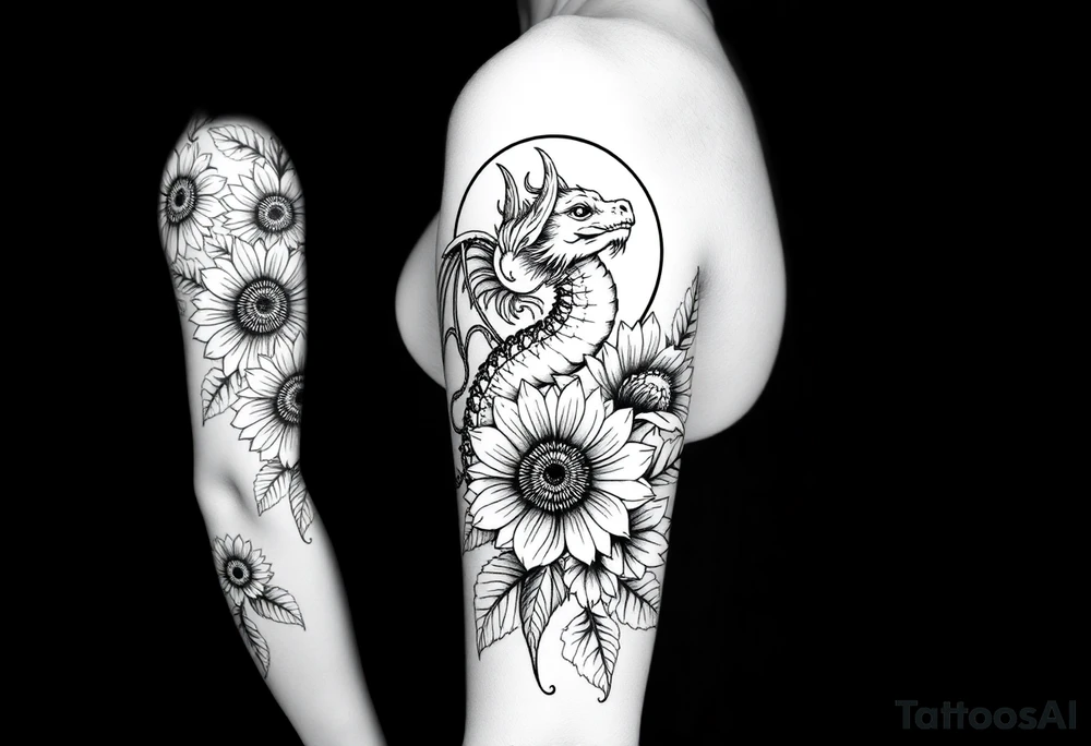 Hourglass climbing roses with sunflowers dragon peeking through tattoo idea