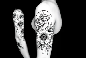 Hourglass climbing roses with sunflowers dragon peeking through tattoo idea