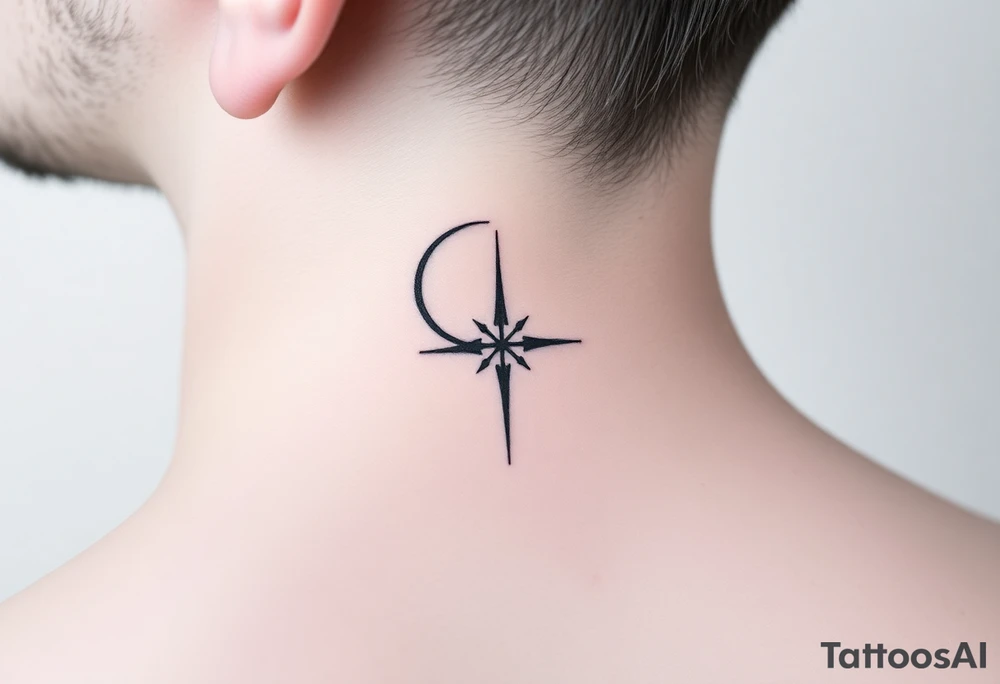 A minimalist crescent moon neck tattoo positioned just behind the ear. The crescent moon is thin and curves to the left. A sharp vertical line extends downward from the inner curve of the moon, intersecting with a symmetrical starburst shape at the center of the line. The starburst has four points — the top and bottom points are elongated, while the horizontal points are shorter, giving it a sleek and modern look. The design features clean, thin lines with a slightly hand-drawn feel, combining celestial and geometric elements. The tattoo follows the natural curve of the neck, giving it an elegant and balanced appearance. tattoo idea