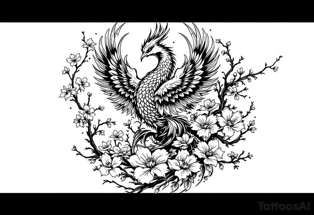 powerful japanese phoenix surrounded by maple leaf and cherry blossom tattoo idea