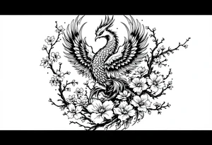 powerful japanese phoenix surrounded by maple leaf and cherry blossom tattoo idea