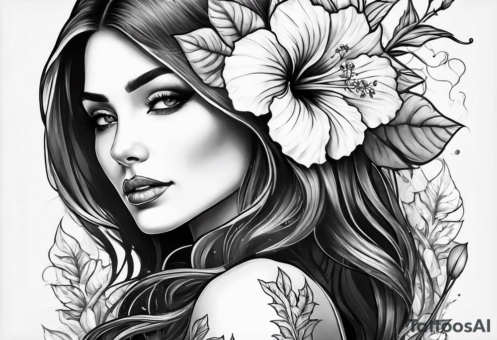 female skeleton with hibiscus flower tattoo idea