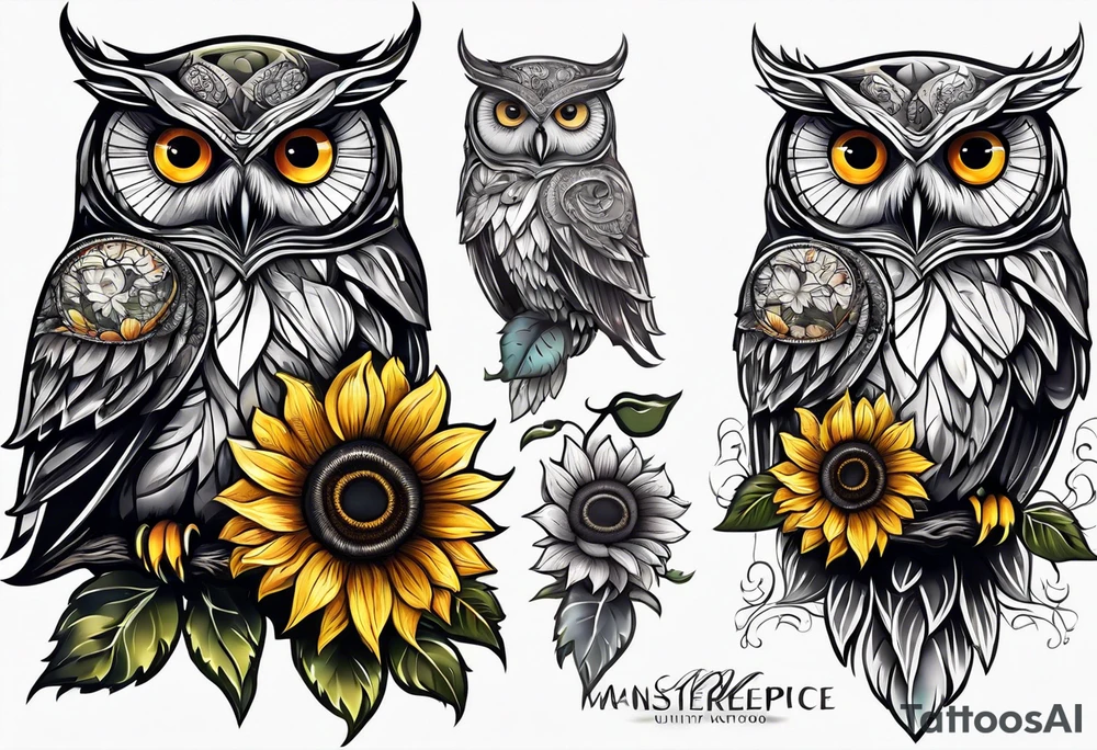 Owl with sunflowers leg sleeve tattoo idea
