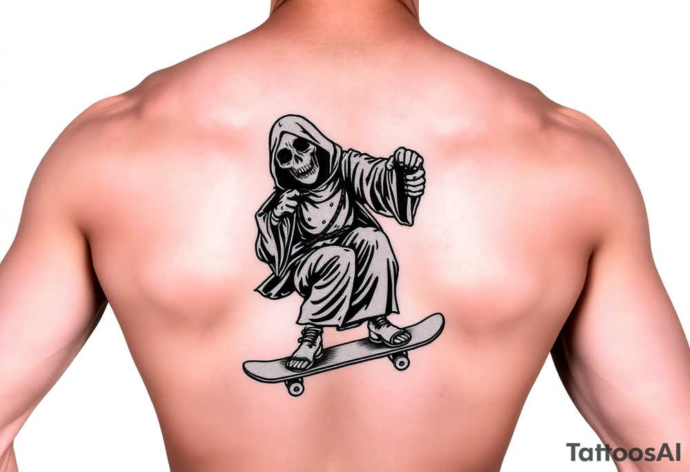 Colorful grim reaper riding skateboard tattoo idea