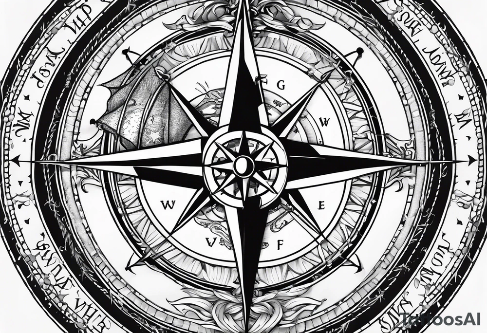 Nautical compass with New Zealand map outline behind it with wrap around rope and southern cross tattoo idea