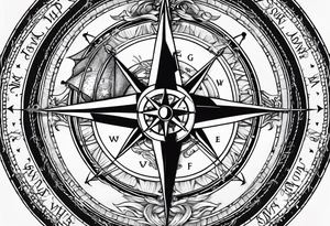 Nautical compass with New Zealand map outline behind it with wrap around rope and southern cross tattoo idea