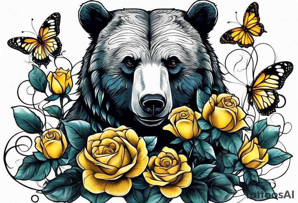A bear sitting under the tree of life with three yellow roses, and three butterflies tattoo idea