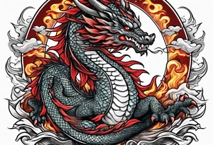 japanese dragon with flames and red highlights on a meat jerky label tattoo idea