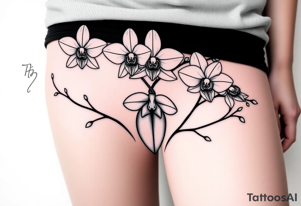 Five delicate fine line orchids different size realistic a mix with vagina female. Are connected with branches tattoo idea