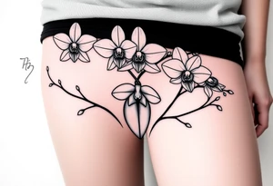 Five delicate fine line orchids different size realistic a mix with vagina female. Are connected with branches tattoo idea