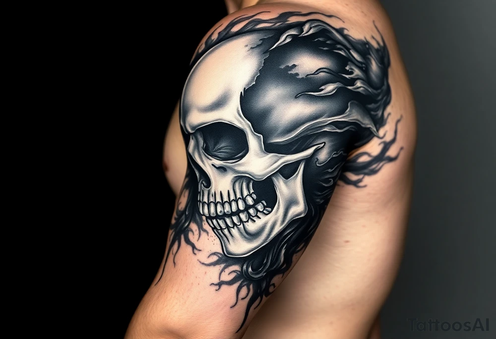 Abstract skull imagery blended into smoke and shadow, symbolizing fear used as a weapon, fragmented skull dissolving into mist, tactical darkness, psychological warfare theme, blackwork realism, dramatic contrast, tattoo design. tattoo idea