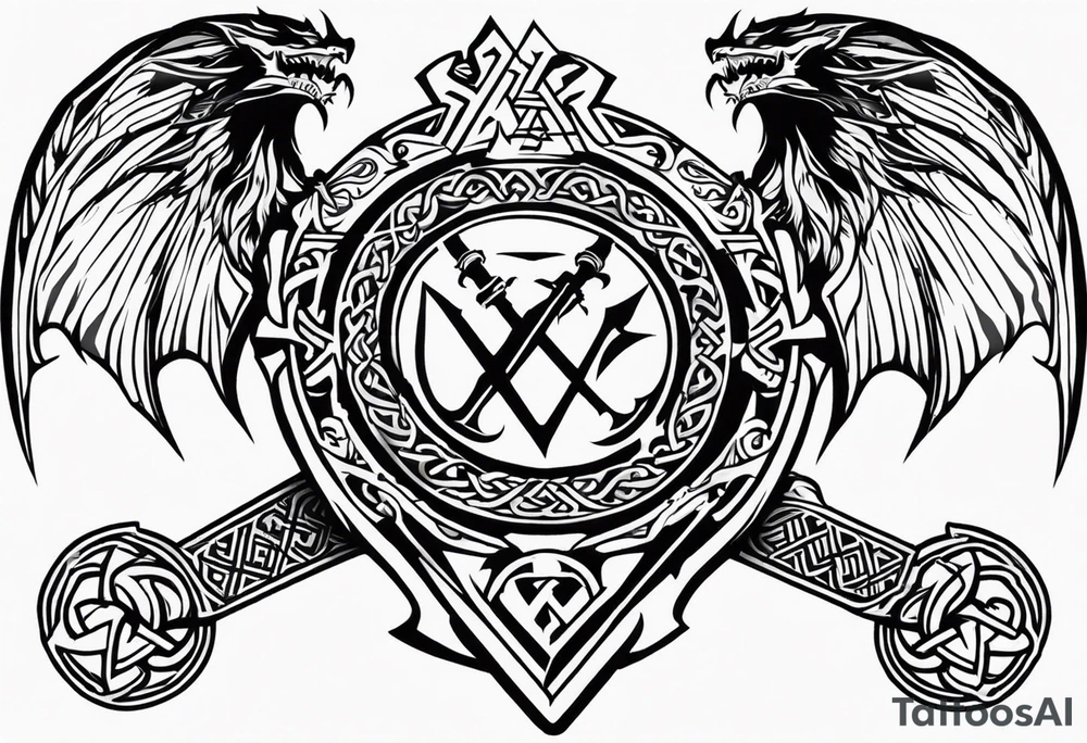 Valhalla sword shield dragon axe Valknut tattoo idea